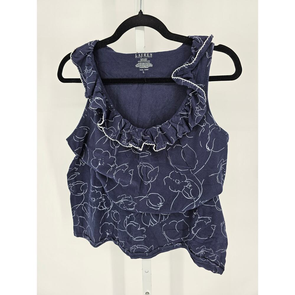 Lauren Ralph Lauren Womens Sz L Sleeveless Top Navy Blue Floral Ruffled